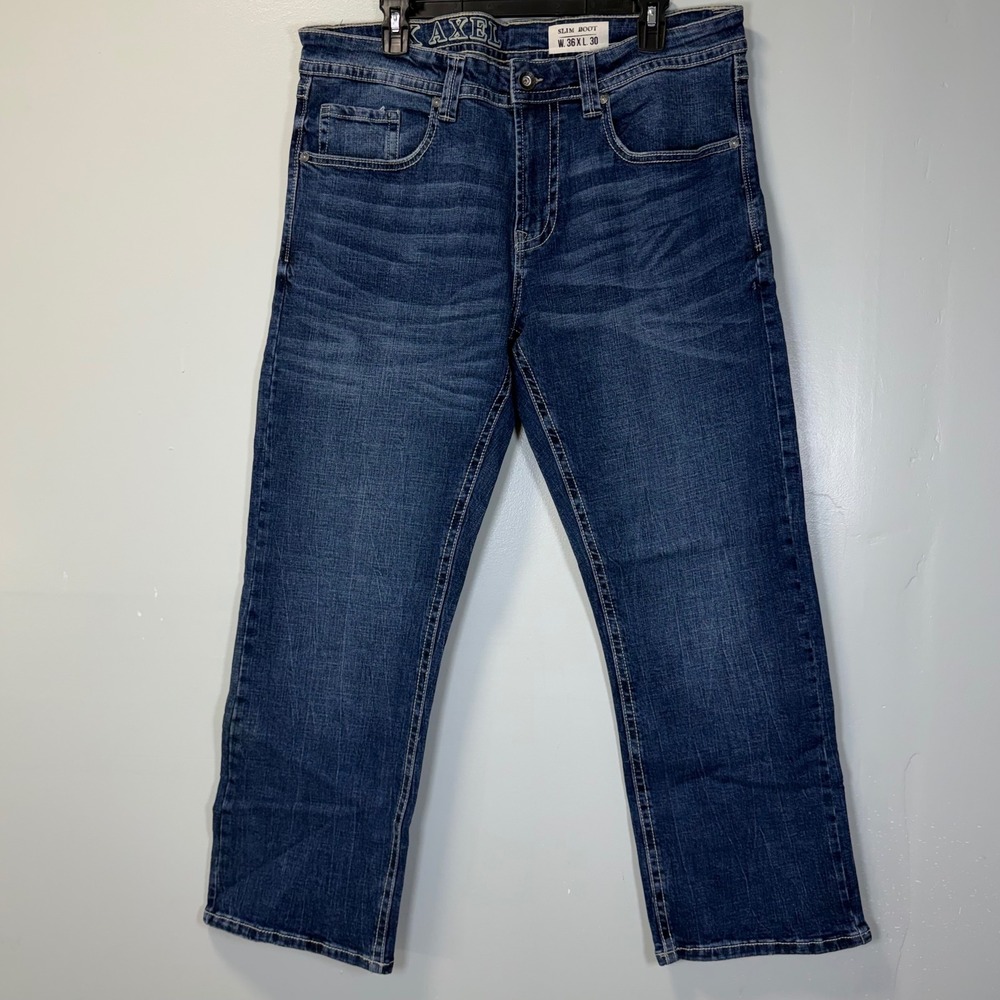 TK Axel Slim Boot Jeans‎ Mens 36x30 Eaton Wash Embroidered Flap Pocket Western